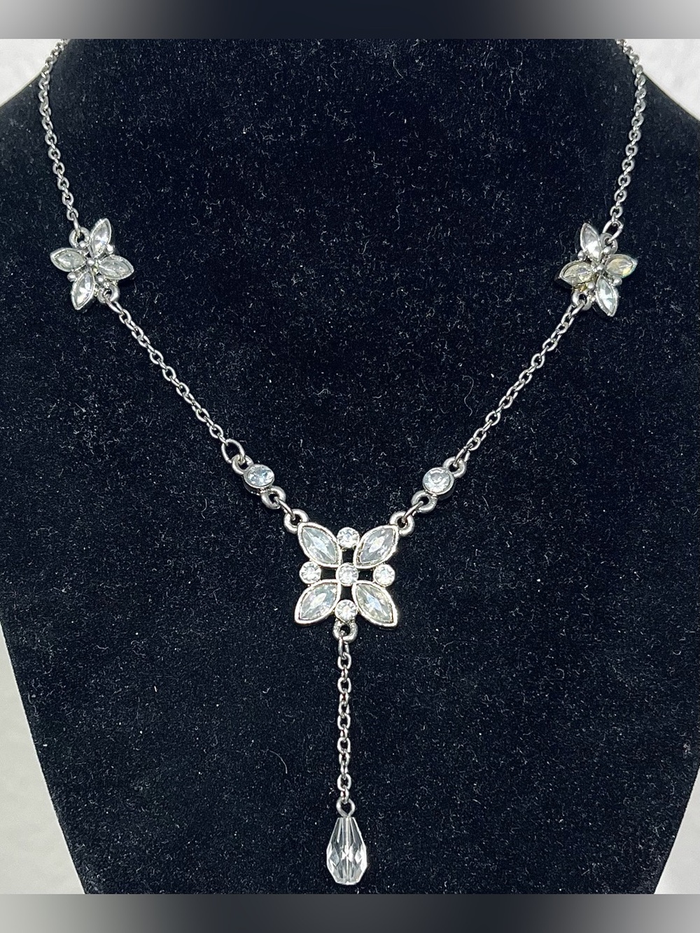 Vintage Signed LBVYR Yves Rocher Silver Tone Floral Crystal Drop Necklace